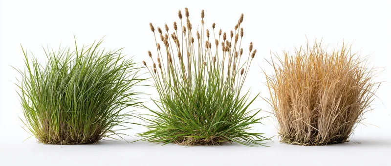 Three wild grass clumps in different growth stages arranged side by side on white background