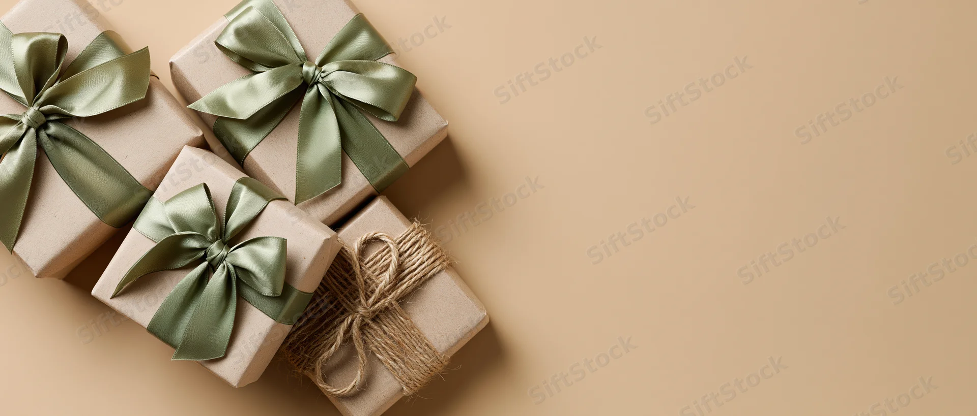 Four kraft paper gift boxes with green satin bows and twine arranged in upper left corner on beige background