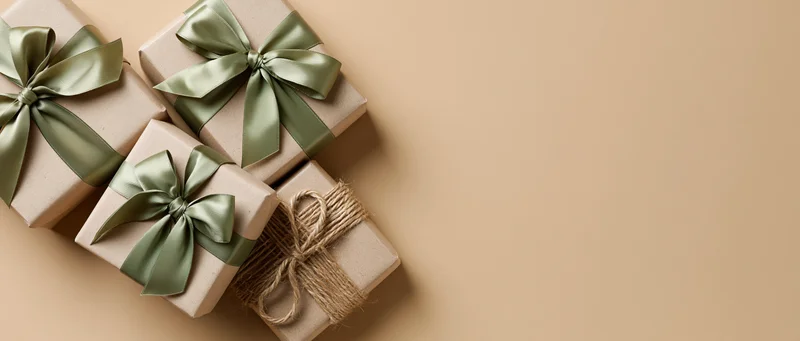 Four kraft paper gift boxes with green satin bows and twine arranged in upper left corner on beige background