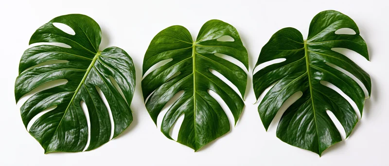 Three monstera deliciosa leaves arranged side by side on white background