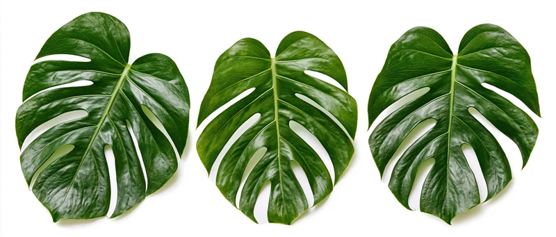 Three monstera deliciosa leaves arranged side by side on white background
