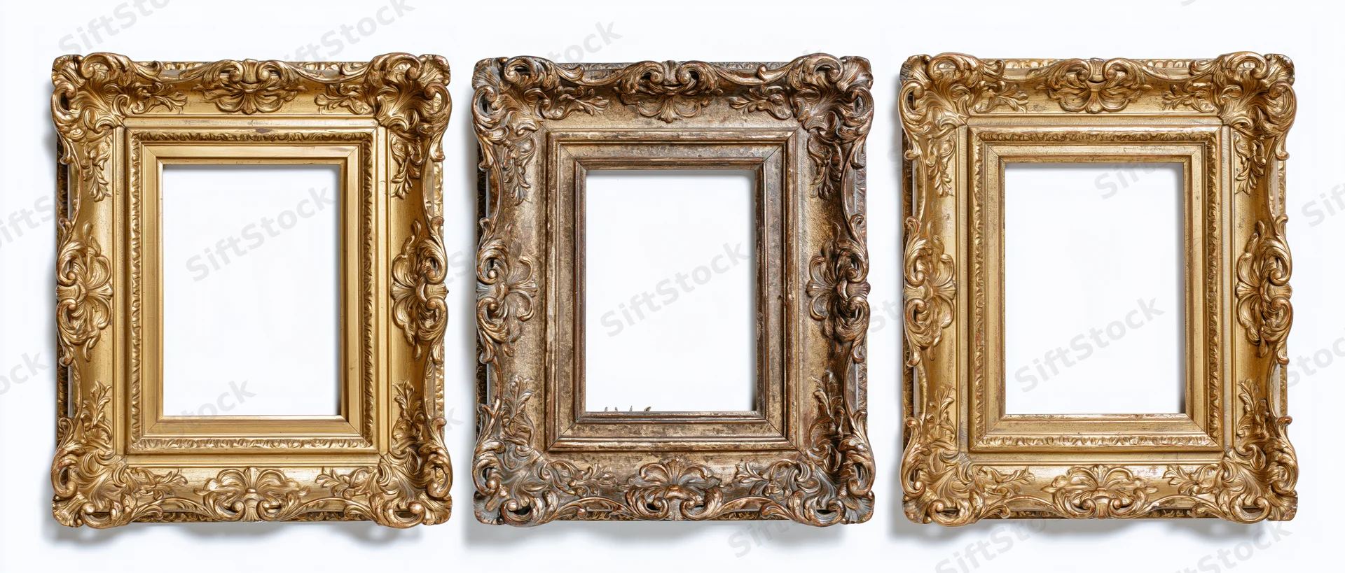 Three ornate antique picture frames arranged side by side on white background