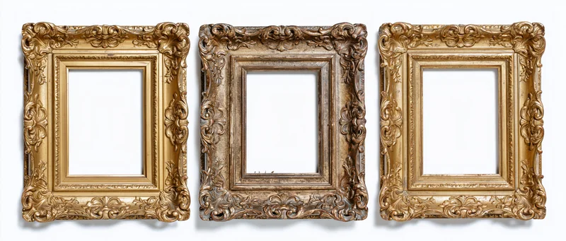 Three ornate antique picture frames arranged side by side on white background