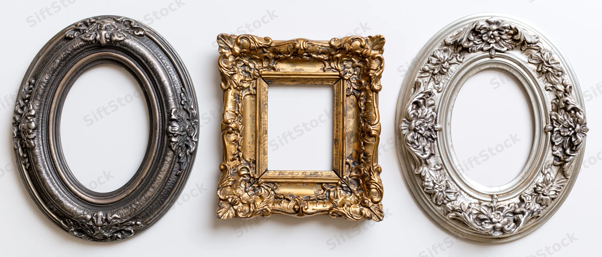 Three ornate antique picture frames arranged side by side on white background