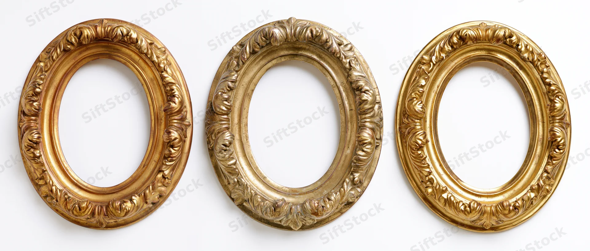 Three ornate gilded oval picture frames arranged side by side on white background