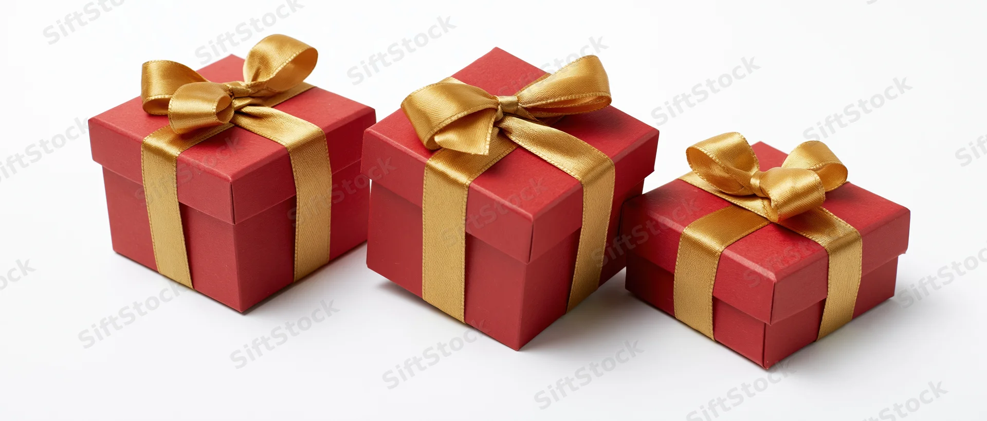 Three red gift boxes with gold satin ribbons and bows arranged in a row on a white background