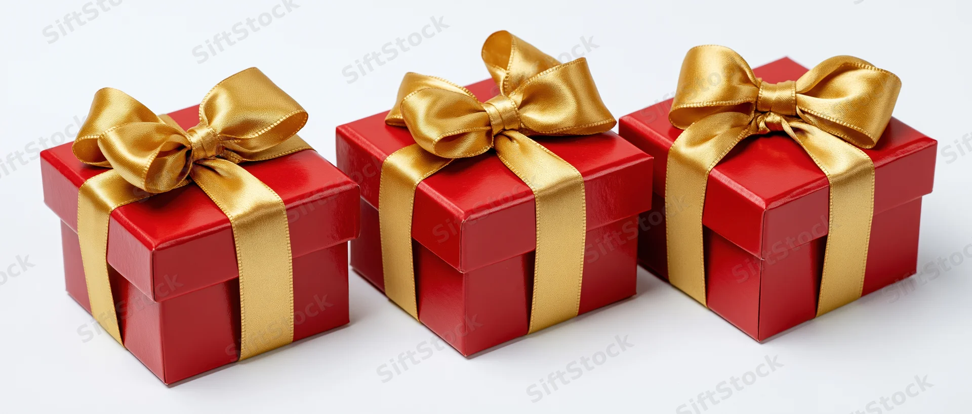 Three red gift boxes with gold satin ribbons and bows arranged in a row on white background