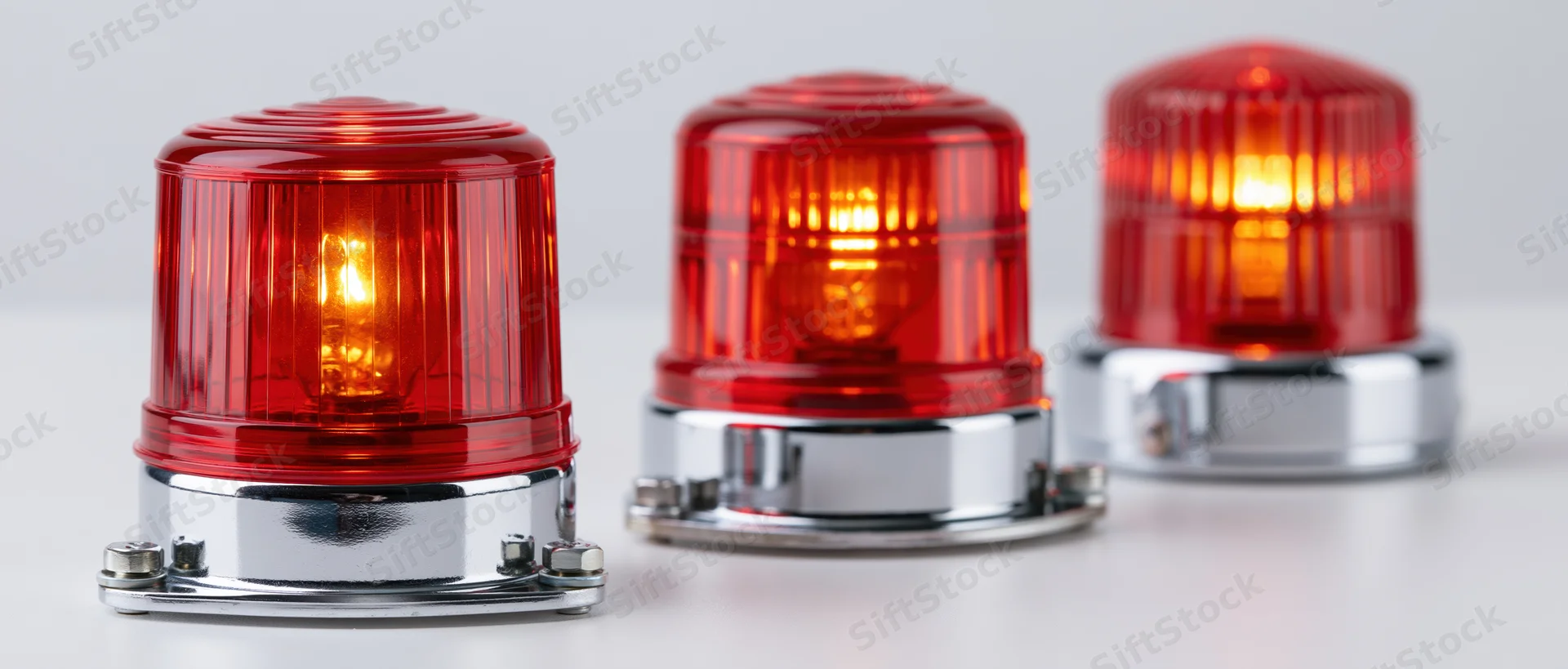 Three red industrial warning beacon lights arranged side by side on a white surface