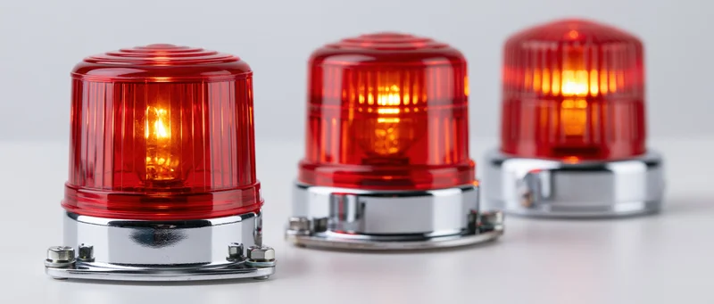 Three red industrial warning beacon lights arranged side by side on a white surface