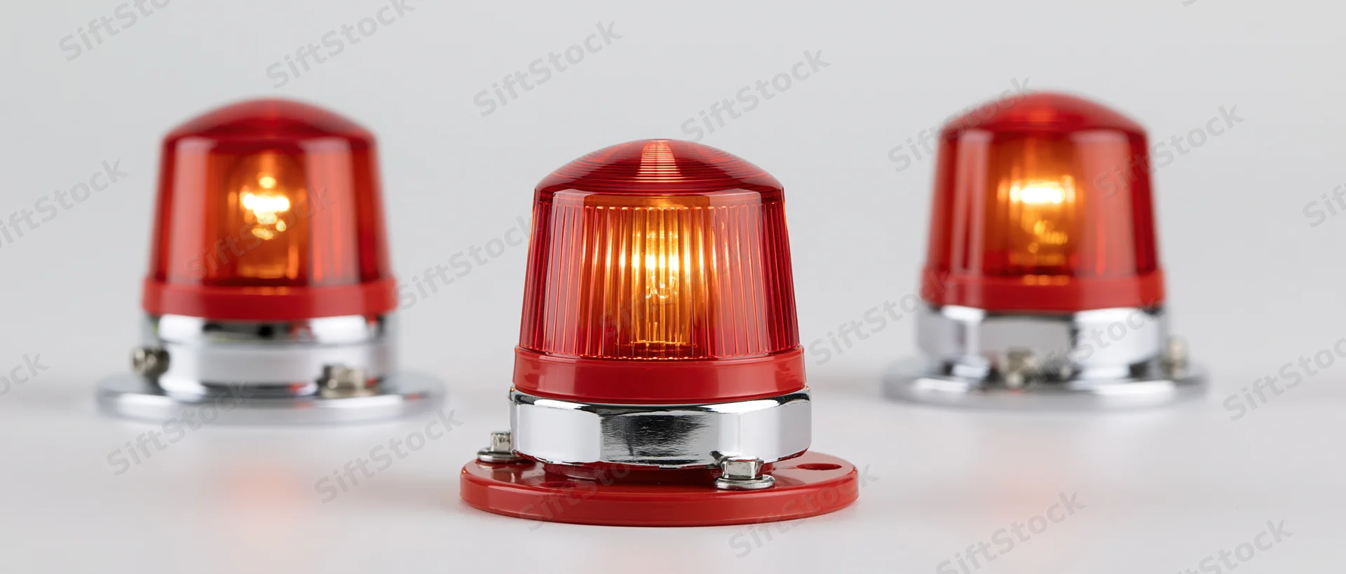 Three red industrial warning beacon lights arranged side by side on a white surface