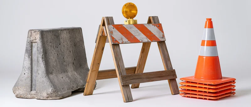 Three road construction safety items arranged side by side on a white background
