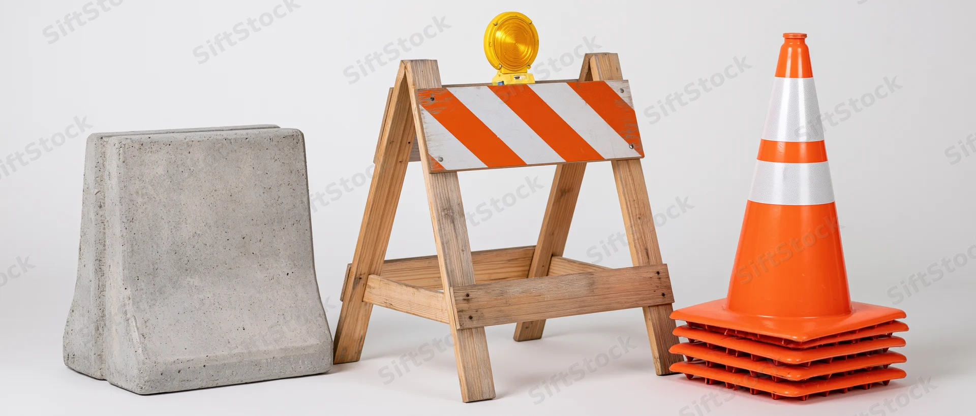 Three road construction safety items arranged side by side on a white surface