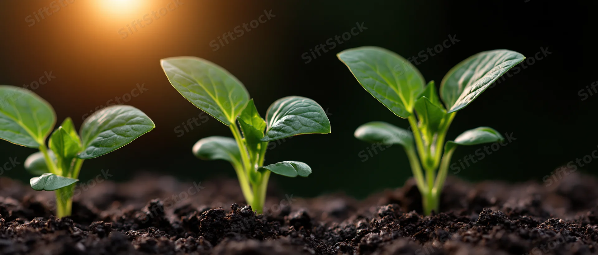 Three seedlings in stages of growth emerging from soil under warm sunlight