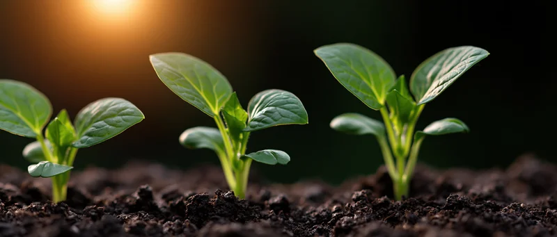 Three seedlings in stages of growth emerging from soil under warm sunlight
