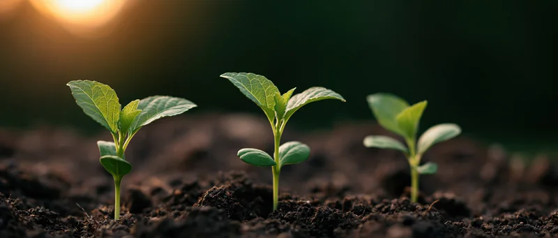 Three seedlings in stages of growth emerging from soil at sunrise