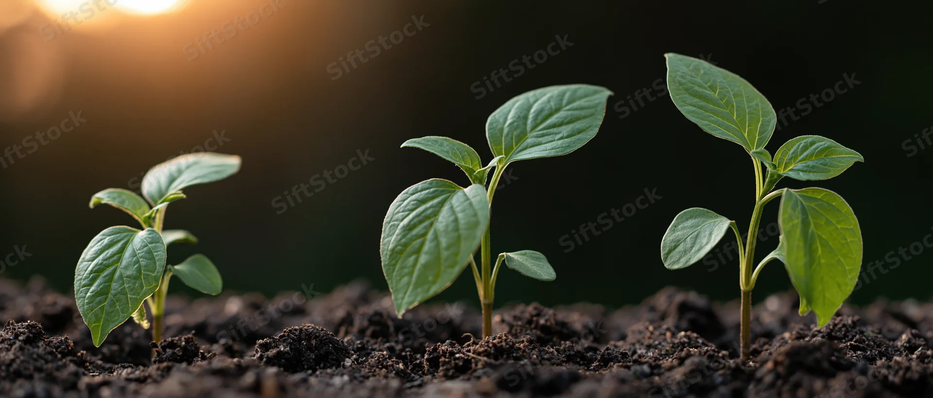 Three seedlings in stages of growth emerging from soil with sunlight in the background