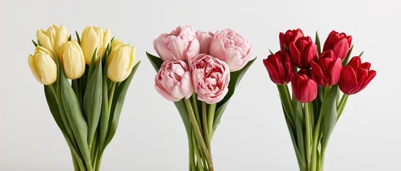 Three bouquets of yellow, pink and red tulips arranged side by side against a white background
