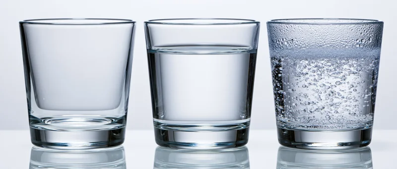 Three short tumbler glasses arranged side by side on a white surface, each containing different states of water from empty to still to carbonated, reflecting light and showing clarity and condensation
