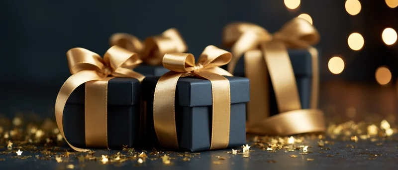 Three black gift boxes with gold satin ribbons arranged on a dark surface with scattered confetti and blurred lights in the background