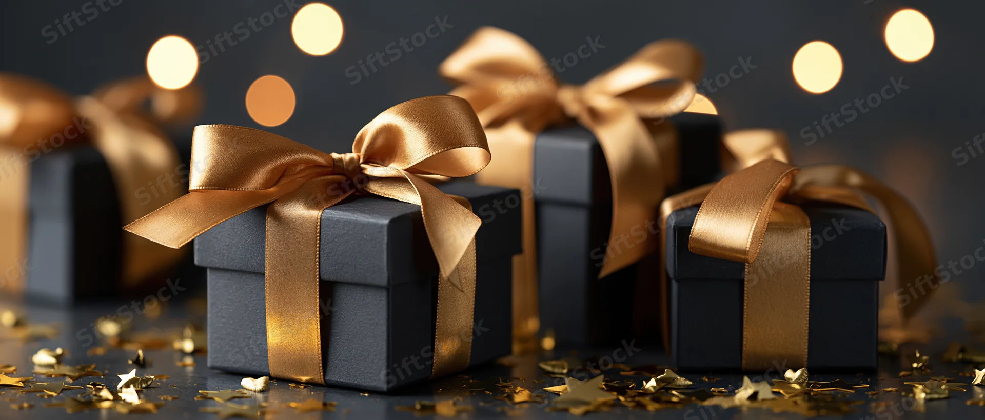 Black gift boxes with gold satin ribbons arranged on a dark surface with scattered confetti and bokeh lights in the background
