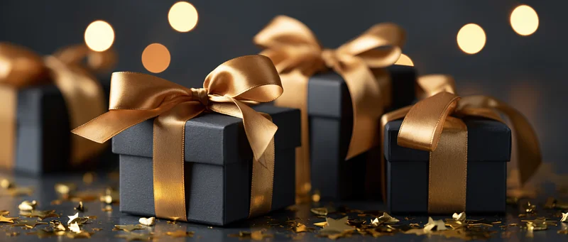 Black gift boxes with gold satin ribbons arranged on a dark surface with scattered confetti and bokeh lights in the background