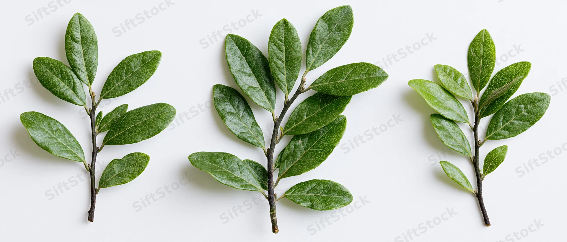 Three small leafy plant sprigs arranged horizontally on white background