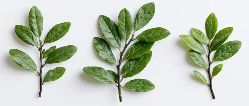 Three small leafy plant sprigs arranged horizontally on white background