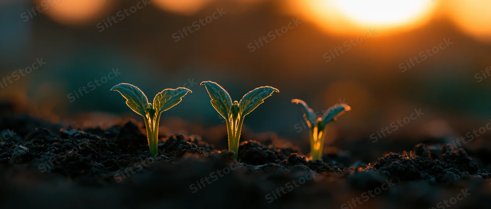 Three small seedlings emerging from dark rich soil at sunrise
