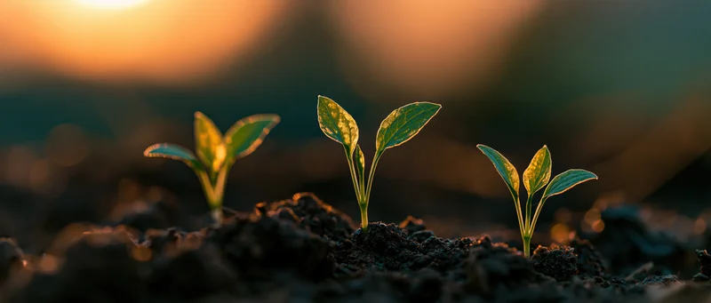 Three small seedlings emerging from dark rich soil at sunset