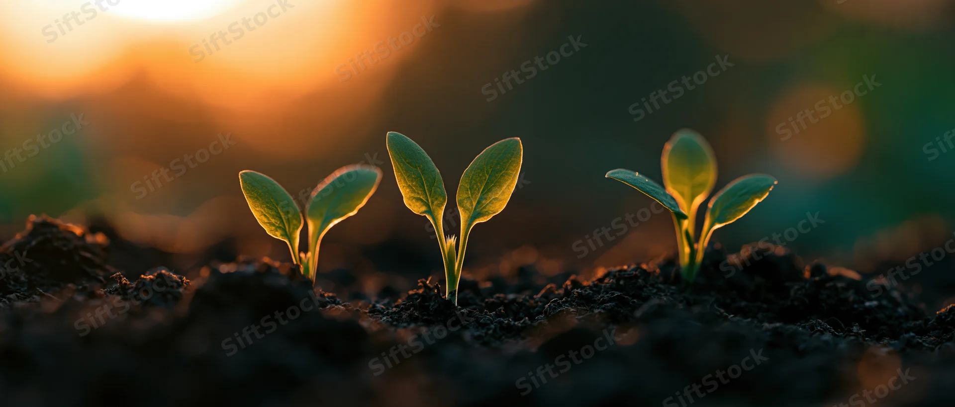 Three small seedlings emerging from dark rich soil at sunrise