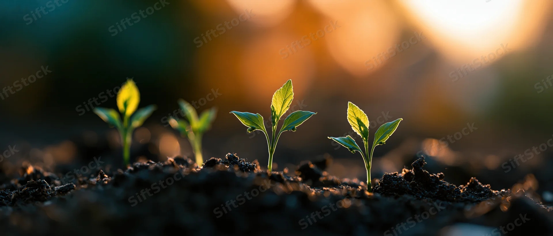 Small seedlings emerging from dark rich soil at sunrise