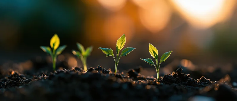 Small seedlings emerging from dark rich soil at sunrise