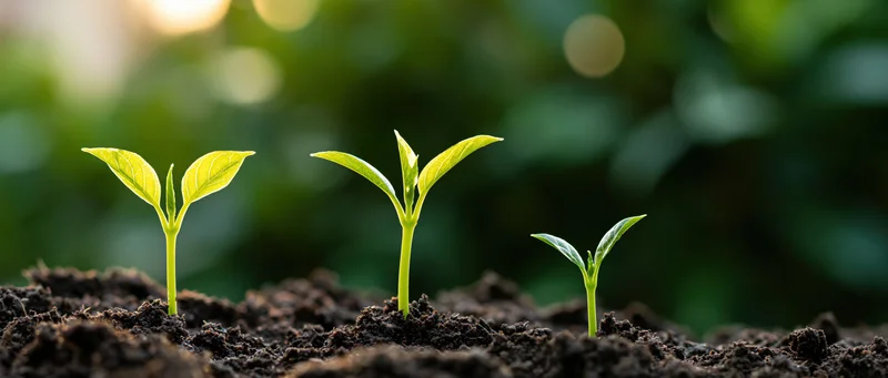 Three seedlings in growth sequence emerging from dark soil in a garden setting