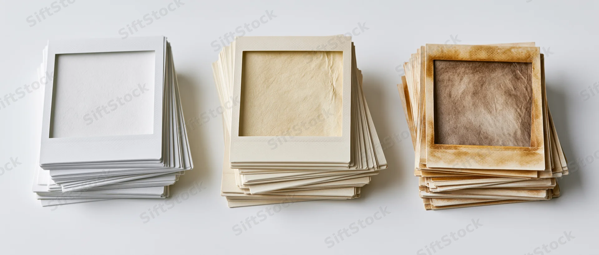 Three stacks of blank instant photo prints arranged side by side on a white surface