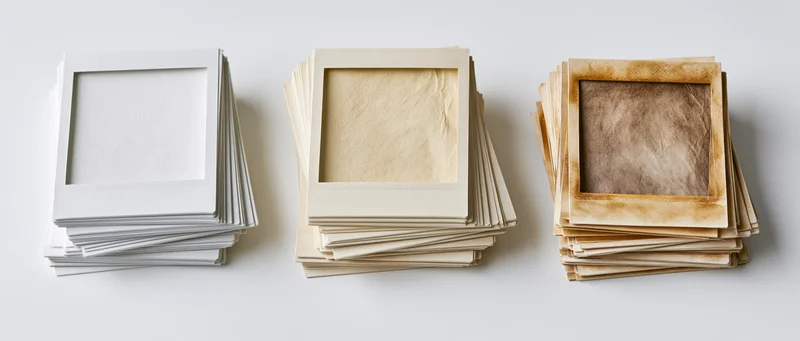 Three stacks of blank instant photo prints arranged side by side on a white surface