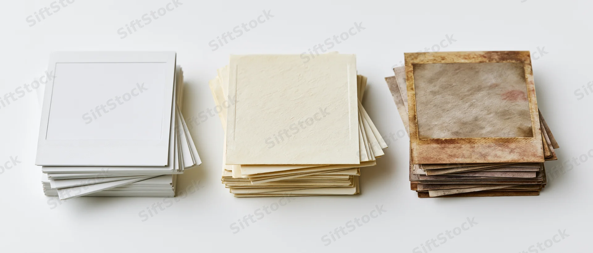 Three stacks of blank instant photo prints in white, beige and brown arranged side by side on white background