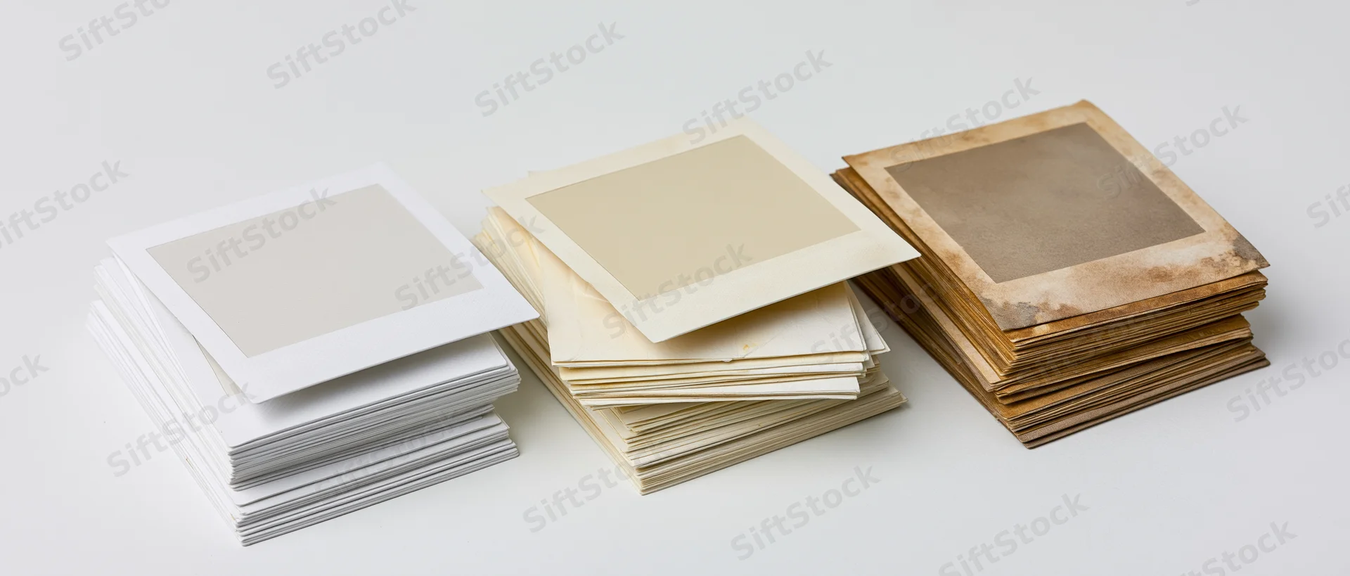 Three stacks of blank instant photo prints arranged side by side on white background