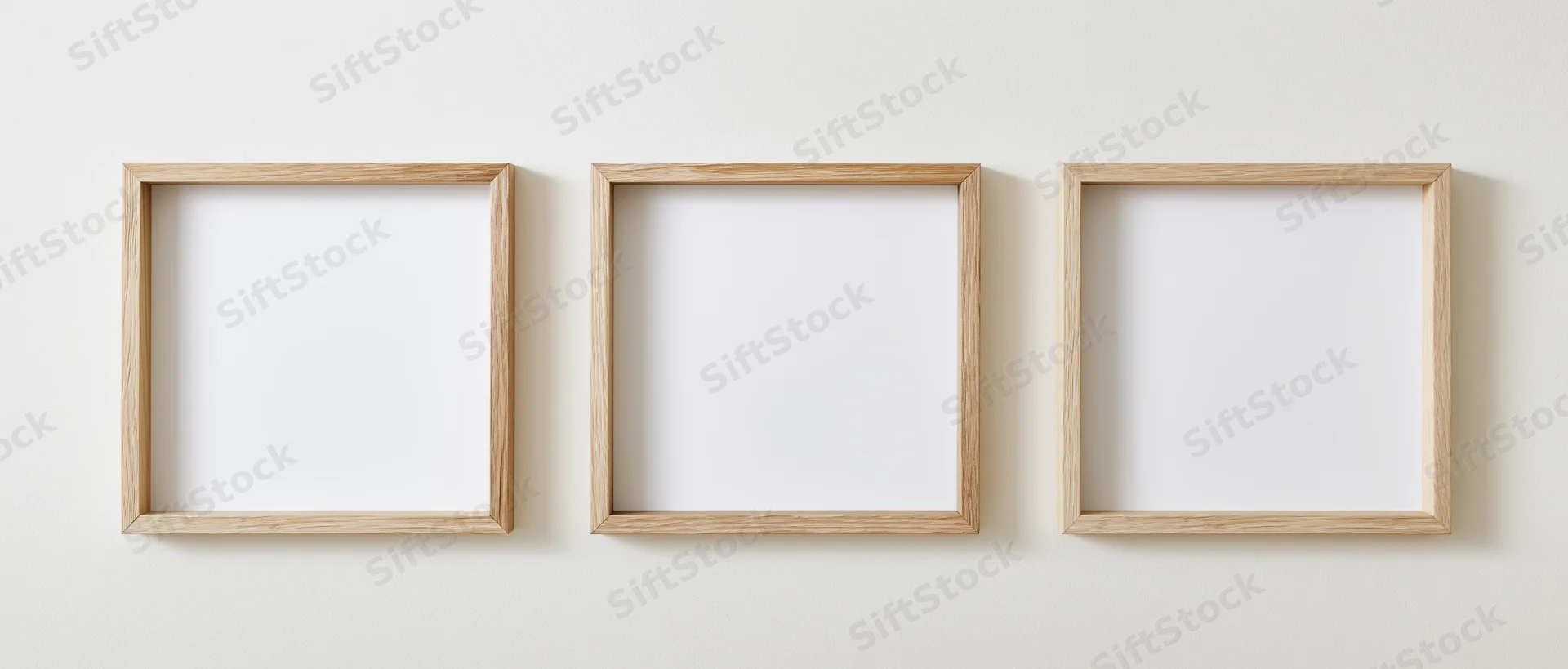 Three light oak wooden picture frames hanging in a row on a white wall