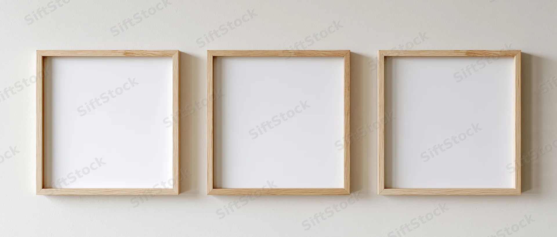 Three light oak wooden picture frames arranged horizontally on a white wall