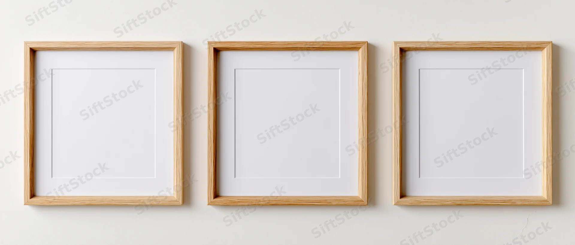 Three light oak wooden picture frames with blank white mats mounted on a plain wall