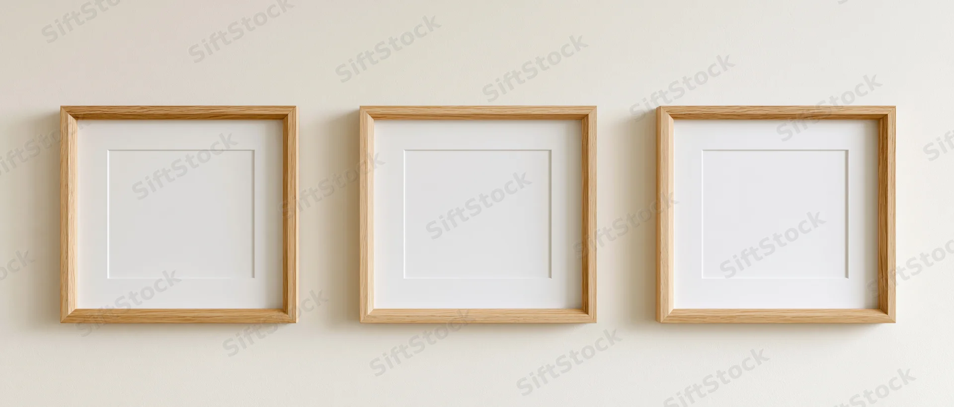 Three square wooden picture frames with white mats mounted on a beige wall