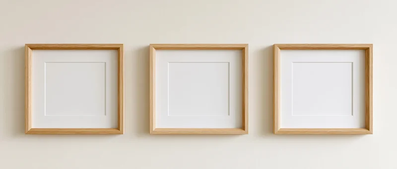 Three square wooden picture frames with white mats mounted on a beige wall
