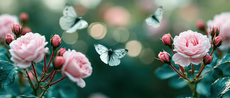 White-veined butterflies in flight among pink roses in a garden