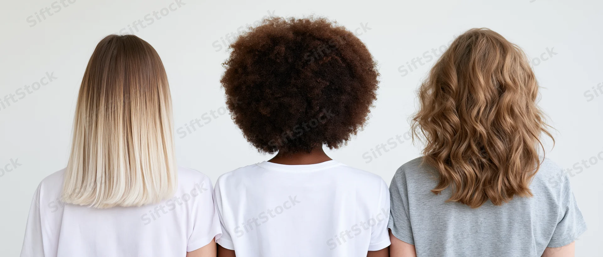 Three women standing back to camera showing different hairstyles and hair textures