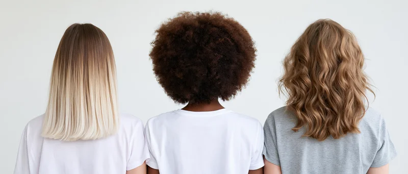 Three women standing back to camera showing different hairstyles and hair textures