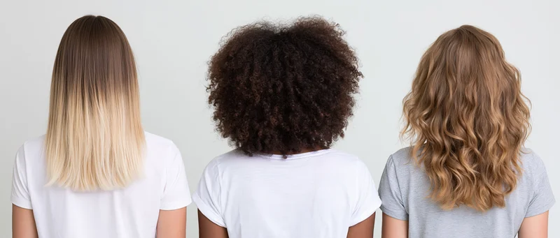 Three women standing back to camera showing different hair types and styles in studio