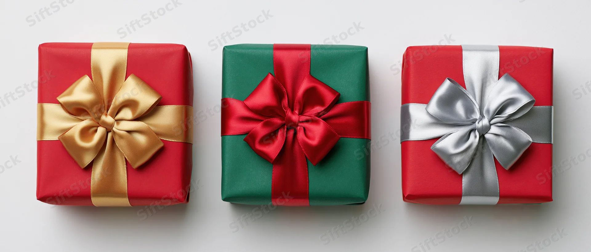 Three wrapped gift boxes in red, green and red with gold, red and silver ribbons arranged in a row on a white surface