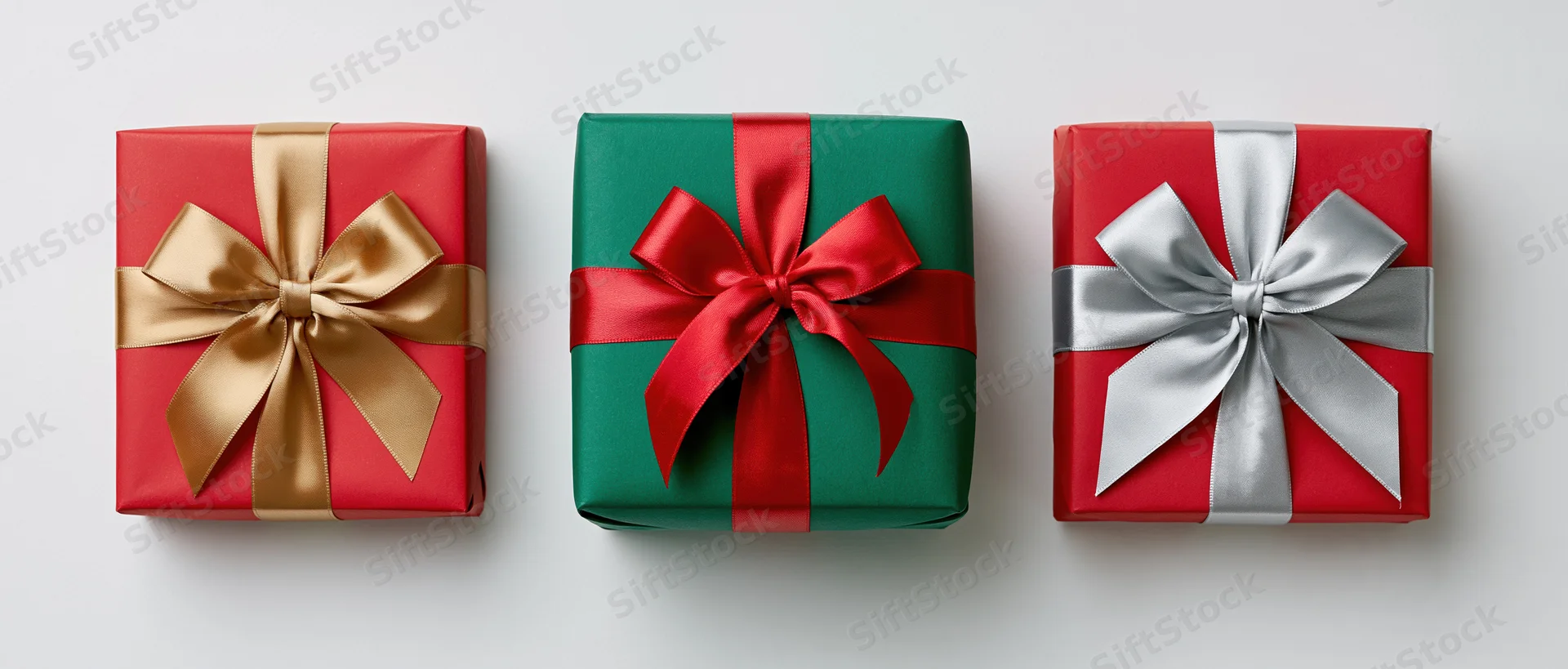 Three wrapped christmas gift boxes in a row on a white surface