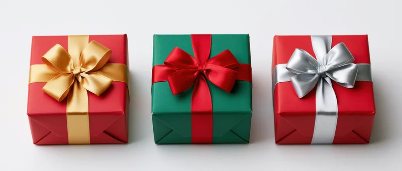Three wrapped gift boxes in red, green and red with gold, red and silver ribbons arranged in a row on a white surface