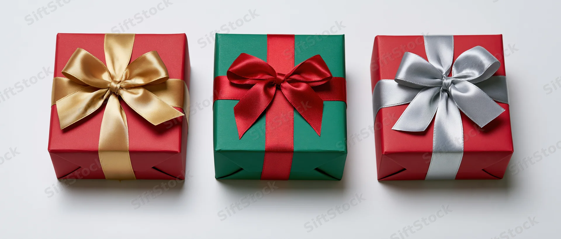 Three wrapped gift boxes in red, green and red with gold, red and silver ribbons arranged in a row on white surface
